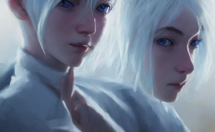 Prompt: portrait of a blue-eyed girl with white hair, painting by Craig Mullins, octane rendering, soft morning lighting, wide angle lens, in the style of Hayao Miyazaki, trending on artstation,