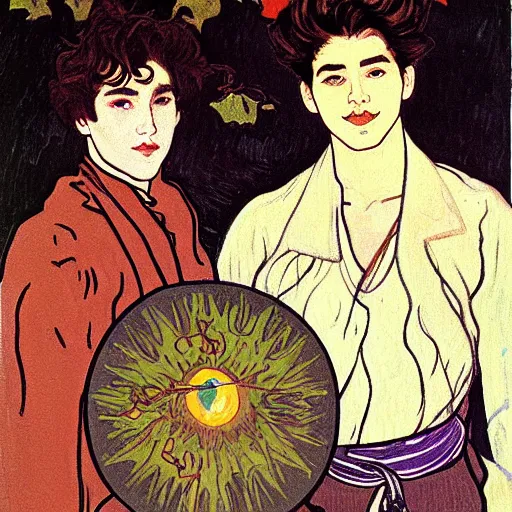 Prompt: painting of young cute handsome beautiful dark medium wavy hair man in his 2 0 s named shadow taehyung and cute handsome beautiful min - jun together at the halloween witchcraft ritual, bubbling cauldron, spells, autumn colors, elegant, modern clothing, soft facial features, delicate facial features, art by alphonse mucha, vincent van gogh, egon schiele