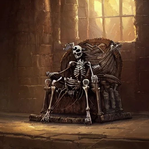 Image similar to Skeleton King resting on his throne, oil painting, by Fernanda Suarez and Greg Rutkowski
