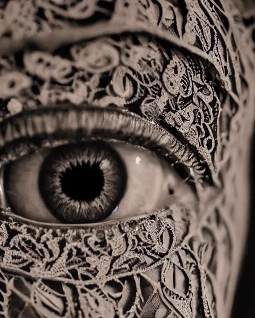 Image similar to extreme close up of a woman's eye, made of intricate decorative lace leaf skeleton, in the style of the dutch masters and gregory crewdson, dark and moody