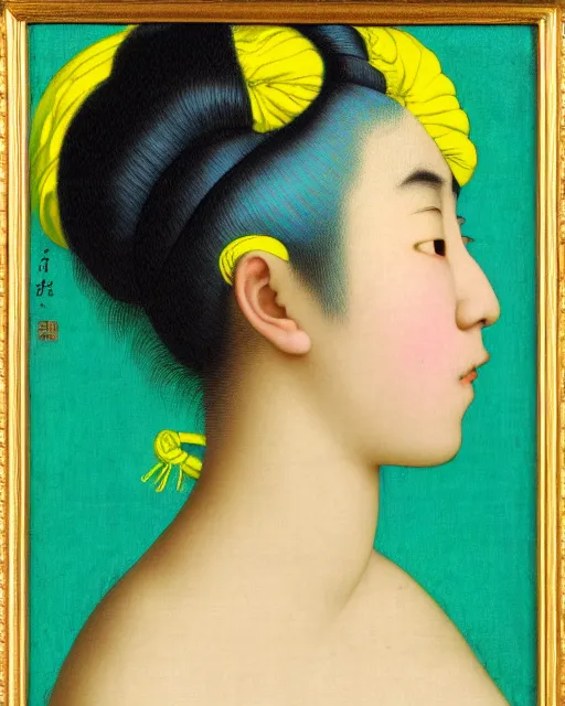 Prompt: photo-realistic portrait of a young asian woman with blue hair buns, wearing a neon yellow dress by Vivienne Westwood, intricate details, masterpiece, in the style of Jean Auguste Dominique Ingres, black background