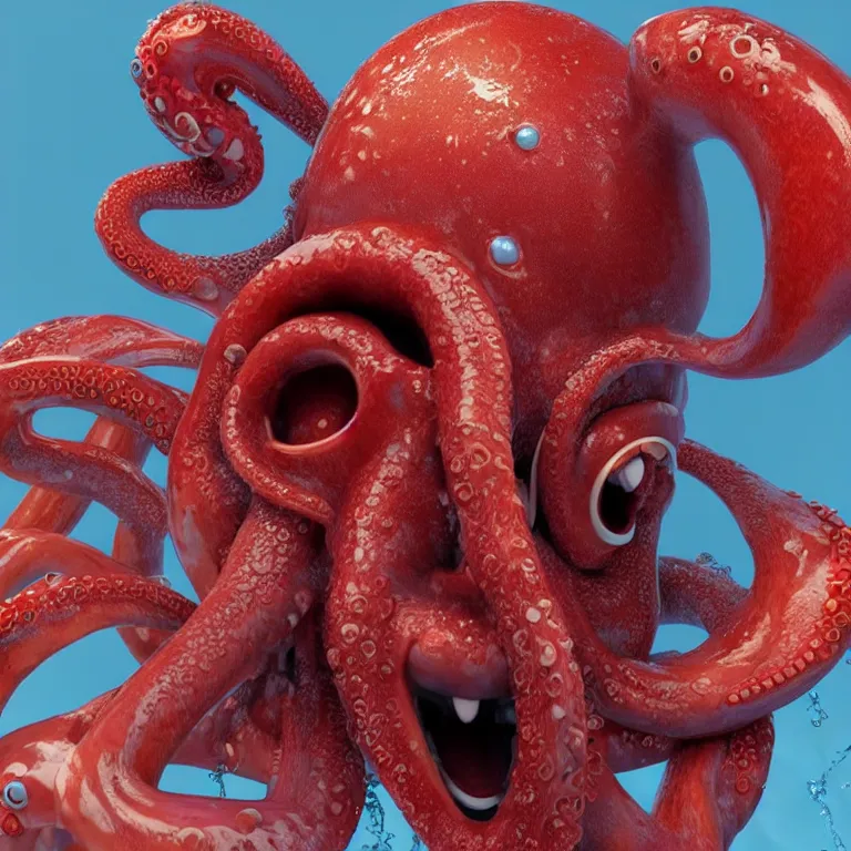 Image similar to octane render portrait by wayne barlow and carlo crivelli and glenn fabry, subject is a man in a wet suit with goggles on with giant long red detailed octopus tentacles coming out of his mouth, cinema 4 d, ray traced lighting, very short depth of field, bokeh