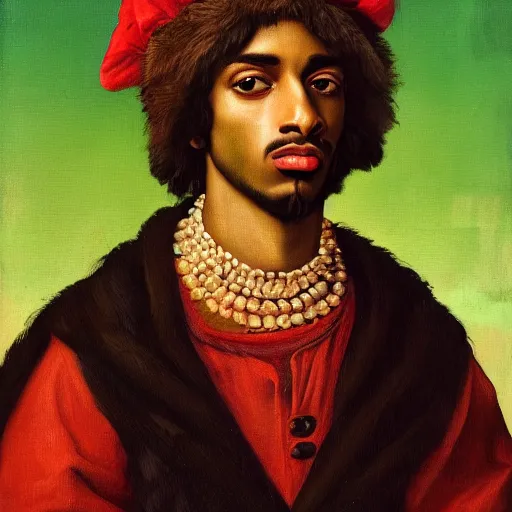 Image similar to a renaissance style portrait painting of playboi carti