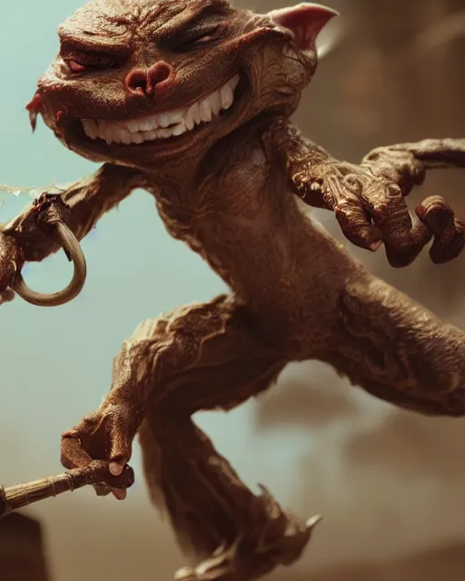 Image similar to highly detailed portrait of a movie gremlin swinging a whip, depth of field, fashion photoshoot, breathtaking, detailed and intricate environment, 8 k resolution, hyperrealistic, octane render