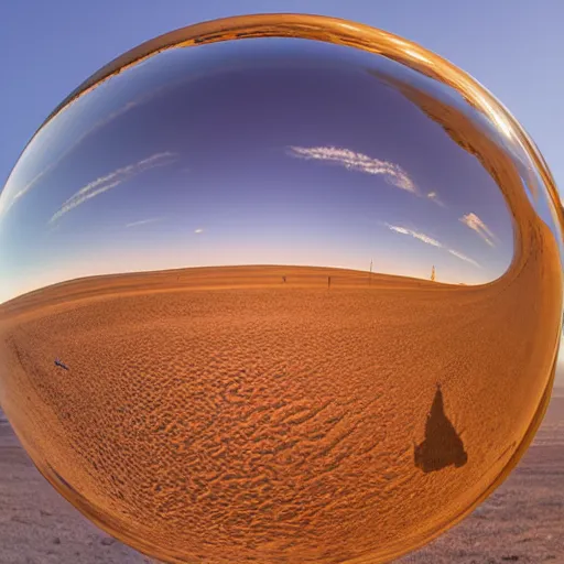 Prompt: an extremely detailed professional photo bright day of a large sphere with a mirrored surface on the ground in the gobi desert