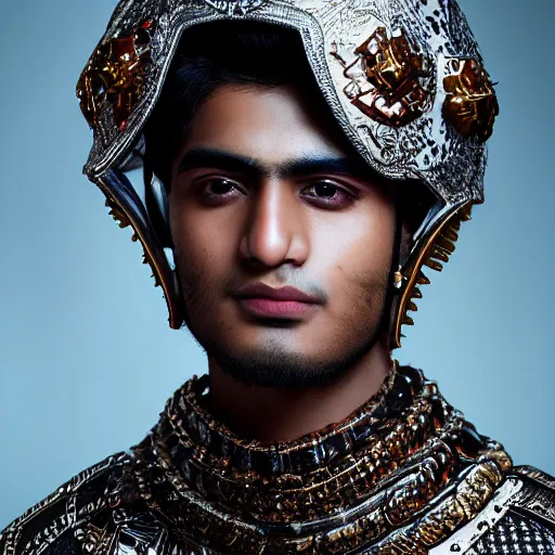 Image similar to a portrait of a beautiful young pakistani male wearing an alexander mcqueen armor , photographed by andrew thomas huang, artistic