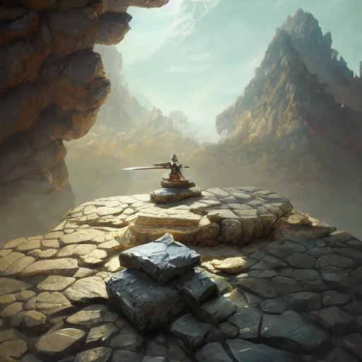 Image similar to a sword stuck in between stones on the ground, organic painting, sunny day, matte painting, bold shapes, hard edges, street art, trending on artstation, by huang guangjian, gil elvgren, ruan jia, randy vargas, greg rutkowski