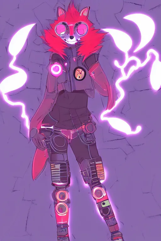 Image similar to a cyberpunk anthropomorphic fox with a fluffy tail, comic art, trending on furaffinity, cartoon, kawaii, backlighting, furry art!!!, neon, concept art