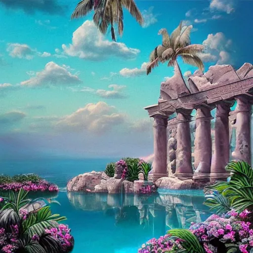 Image similar to masterpiece, hyperrealistic surrealism, award winning masterpiece with incredible details, epic stunning, infinity pool, a surreal vaporwave liminal space, highly detailed, trending on ArtStation, broken giant marble head statue ruins, calming, meditative, pink arches, flowing silk sheets, dreamscape, palm trees, very vaporwave, very very surreal, sharp details, artgerm and greg rutkowski and alphonse mucha, daily deviation, IAMAG