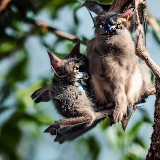 Image similar to a bat kitten, in a tree, Canon EOS R3, telephoto, very detailed, 4k