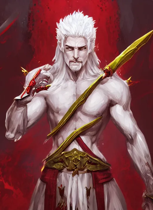 Image similar to a highly detailed illustration of white haired african priest, wearing cross on robe, wielding red blades made of blood, evil standing smiling pose, muscular, intricate, elegant, highly detailed, centered, digital painting, artstation, concept art, smooth, sharp focus, league of legends concept art, WLOP