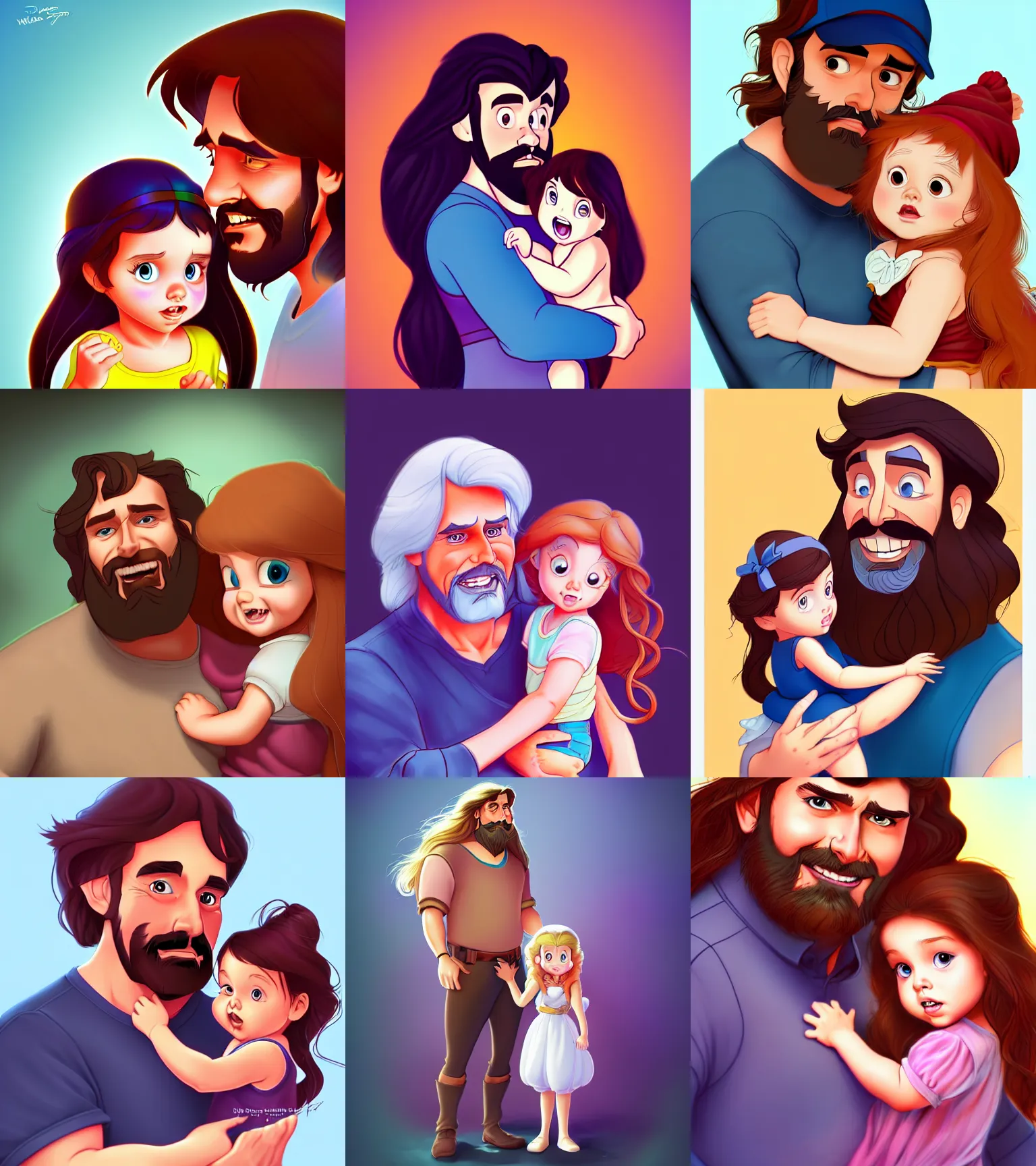 Image similar to a long - haired bearded father and his child toddler girl full color digital illustration in the style of don bluth, artgerm, artstation trending, 4 k