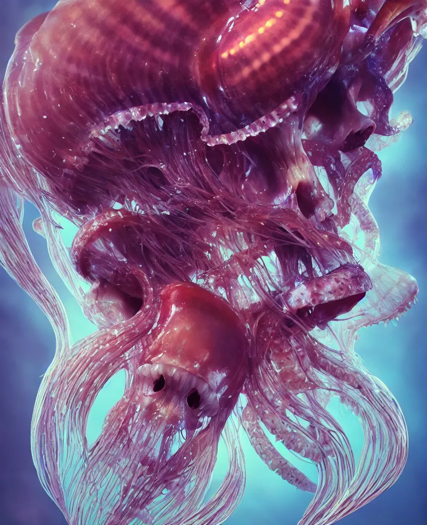 Image similar to goddess close-up portrait animal skull. jellyfish phoenix head, nautilus, orchid, skull, betta fish, bioluminiscent creatures, intricate artwork by Tooth Wu and wlop and beeple. octane render, trending on artstation, greg rutkowski very coherent symmetrical artwork. cinematic, hyper realism, high detail, octane render, 8k