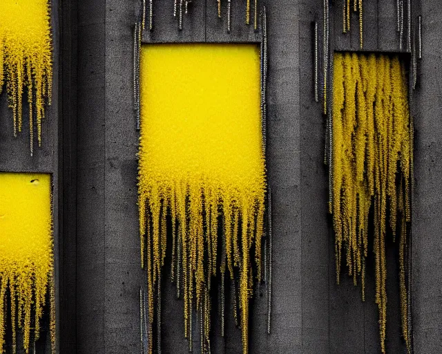 Yellow sponges. Dark metal towers. Soft yellow spikes