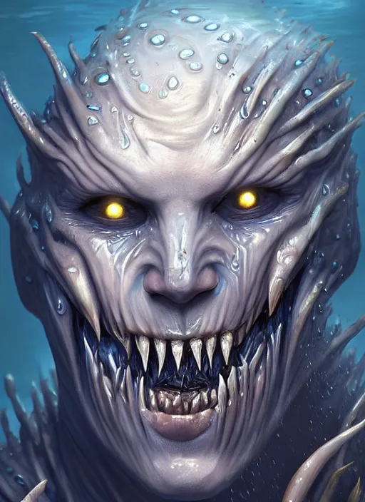 Image similar to digital painting of a wet undead merfolk man, with pale white skin, sharp teeth, black hollow eyes, head just above water surface, by filipe pagliuso and justin gerard, fantasy, highly detailed, realistic, intricate, glowing eyes