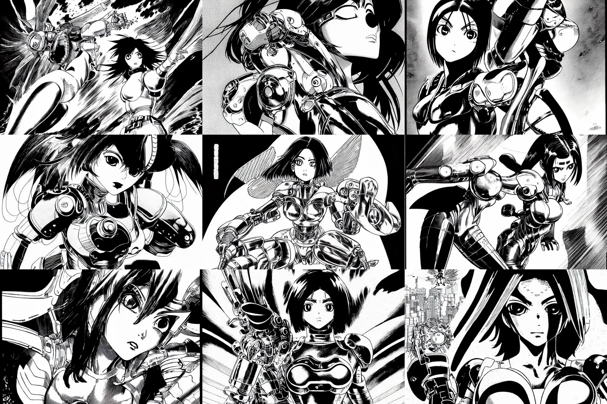 Prompt: battle angel alita by yukito kishiro. black and white manga