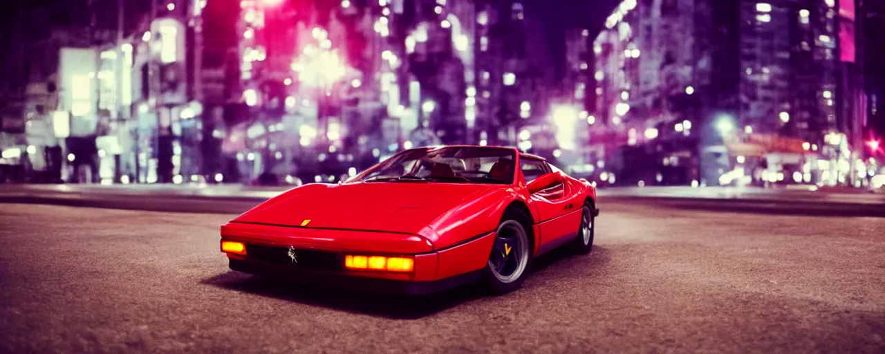 Prompt: 80s red Ferrari sports car, parked on deserted city street at night time, purple lighted street, retro-wave vibes, grainy, soft motion blur, VHS Screencap