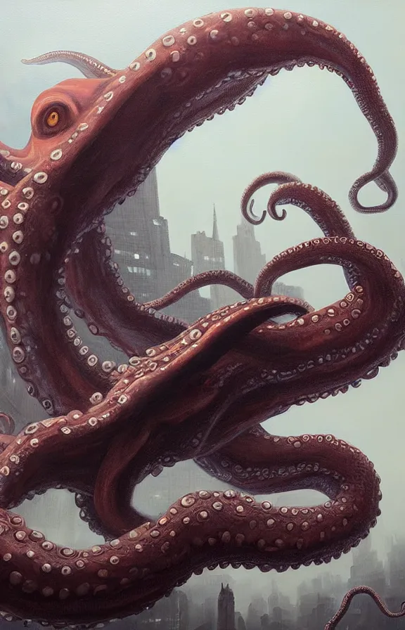 Image similar to a giant octopus monster moving through a foggy and dim city, extremely detailed!!! oil painting, dull palette