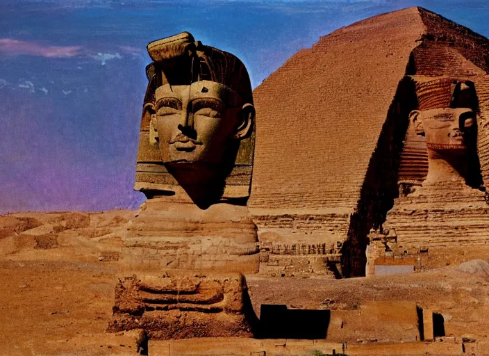 Prompt: gustave moreau painting of kelsey grammer's face and big forehead head on a sphinx body, egyptology, ancient aliens, grainy cinestill film landscape photo, blender, monument, 8 k