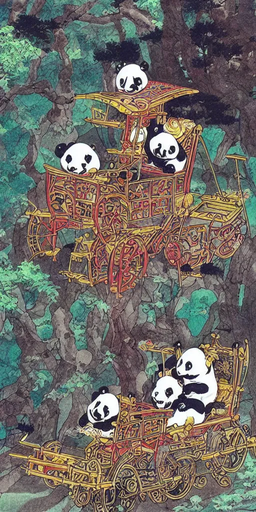 Image similar to a chariot drawn by pandas in japan, 1990s anime, full color, tarot card the chariot,