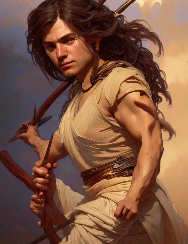 Image similar to portrait of biblical cain holding a spear, intricate, headshot, highly detailed, digital painting, artstation, concept art, sharp focus, cinematic lighting, illustration, art by artgerm and greg rutkowski, alphonse mucha, cgsociety