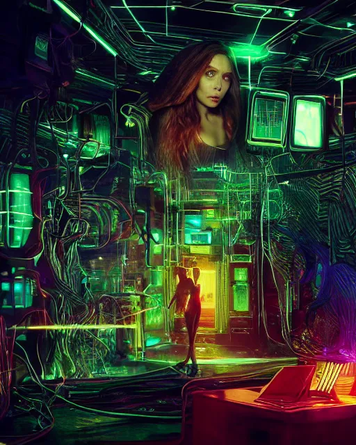 Image similar to [ elizabeth olsen ]! [ 3 d render, made of wires and metallic material ]!! sitting in a [ cyberpunk club ]!!, [ 4 k digital art ]!!, neon atmosphere, volumetric lighting, bioluminescent coloring, afrofuturism, illustrated by greg rutkowski and rajmund kanelba, cgsociety contest winner, intricate