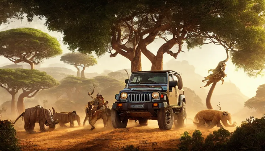 Image similar to mahindra thar driving through madagascar with baobabs trees, tribe members chasing for an attach, action scene, an epic fantasy, artgerm and greg rutkowski and alphonse mucha, an epic fantasy, volumetric light, detailed, establishing shot, an epic fantasy, trending on art station, octane render, midsommar
