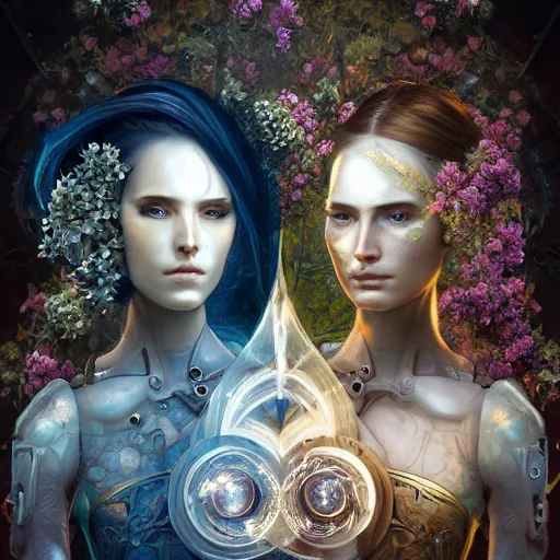 Image similar to a beautiful intricate fine art RPG portrait photo of a mechanical industrial steampunk cybernetic yin yang symbol, overgrown with morning glory flowers, montsera leaves by tom bagshaw and zach sutton, golden ratio composition, studio lighting, 50mm lens, very detailed, bionic, cybernetic scifi, deep depth of field, artstation, 8K, highly coherent