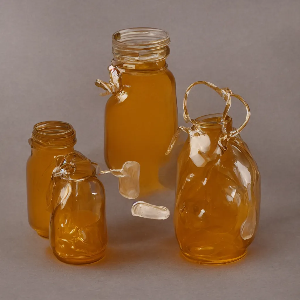 Image similar to klein bottle honey jar, product photography, beautiful studio photography, golden glowing honey