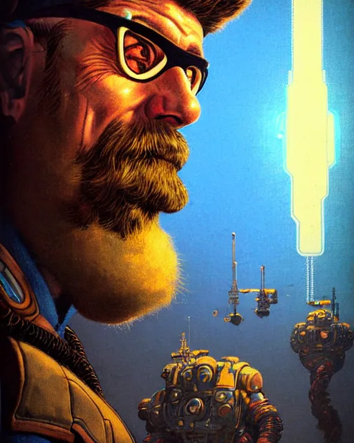 Image similar to torbjorn from overwatch, character portrait, portrait, close up, concept art, intricate details, highly detailed, vintage sci - fi poster, retro future, vintage sci - fi art, in the style of chris foss, rodger dean, moebius, michael whelan, and gustave dore