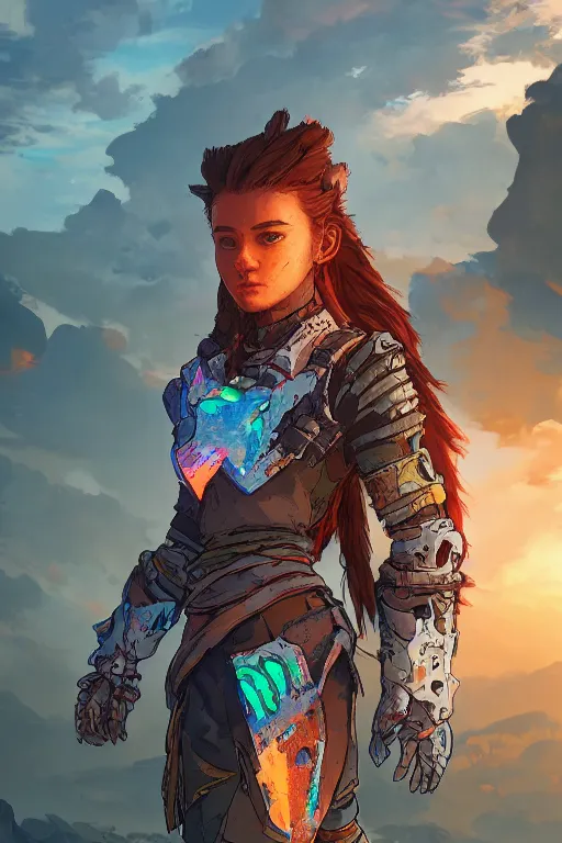 Image similar to combination suit armor aloy horizon forbidden west horizon zero dawn radiating a glowing aura global illumination ray tracing hdr fanart arstation by ian pesty and alena aenami artworks in 4 k tribal robot ninja mask helmet backpack