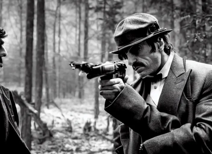 Image similar to an dramatic scene from the movie scarface, medium long shot, costumes from peaky blinders, filmed in the dark woods, a cabin in the background, al pacino and daniel day - lewis, sharp eyes, serious expressions, detailed and symmetric faces, black and white, cinematic, epic,