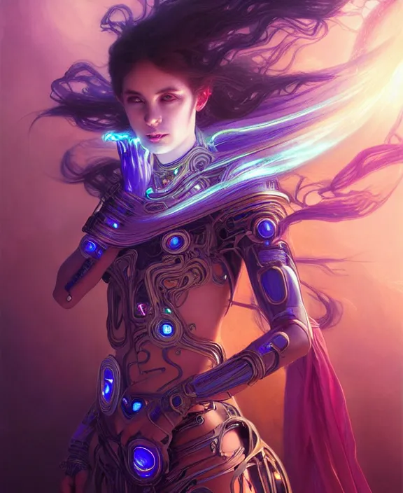 Image similar to a whirlwind of souls rushing inside the metaverse, half body, glowin eyes, tiara with sapphire, pharaoh, android, cyberpunk, d & d, fantasy, intricate, elegant, highly detailed, colorful, vivid color, digital painting, artstation, concept art, art by artgerm and greg rutkowski and alphonse mucha and ruan jia