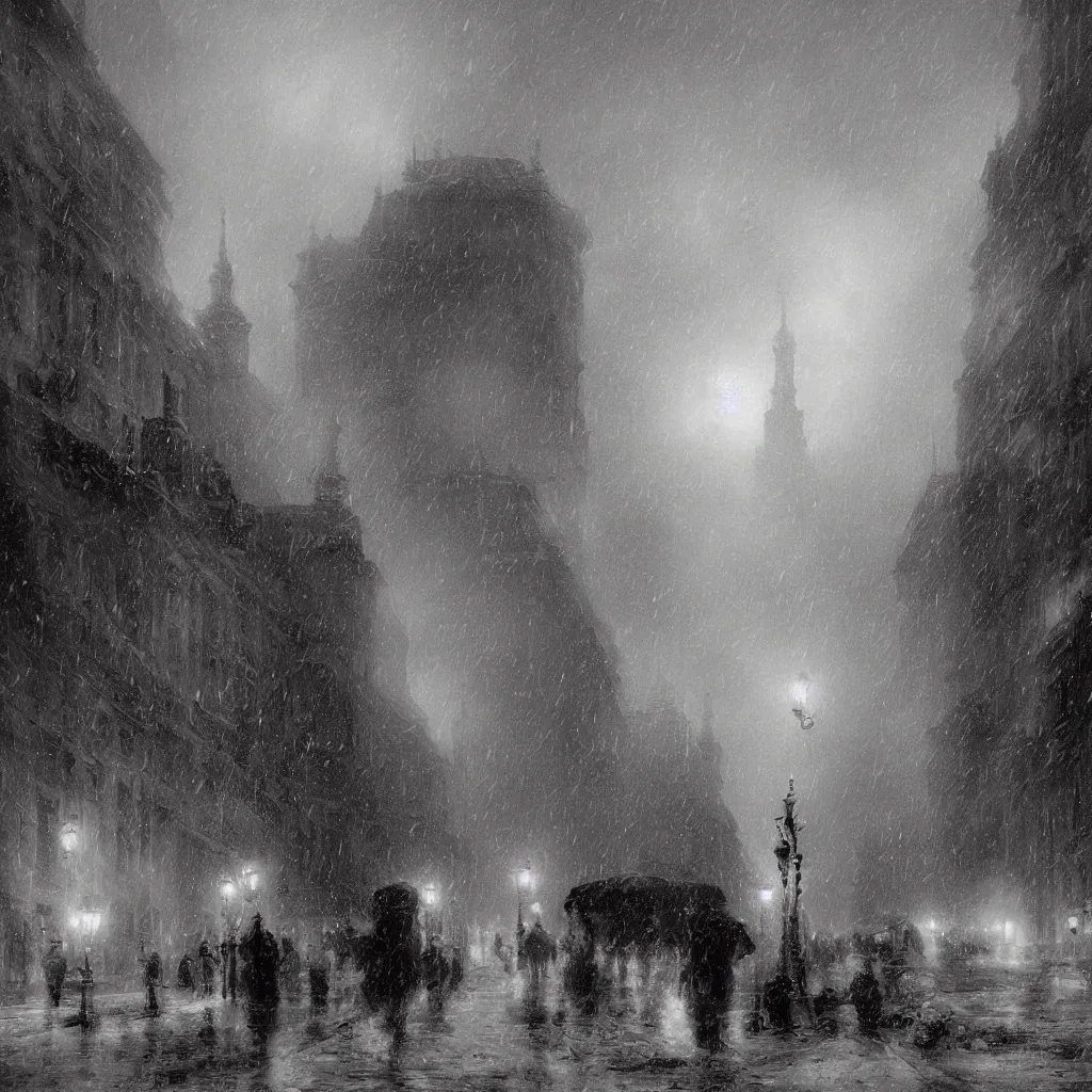 Image similar to 1 9 2 0 s warsaw during an arctic storm, dark, digital art, by james gurney