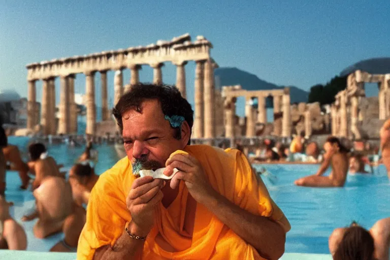 Prompt: Socrates eating a translucent turquoise hemlock popsicle at the last pool party he will ever attend, he is comforted by his disciples, large cloud of fire engulfs him, the acropolis can be seen in the background, in the style of Martin Parr The Last Resort, ring flash closeup photograph