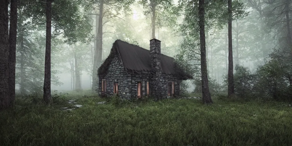 Image similar to a cottage in the woods and empty woods, 8k, fantasy, hyper realistic, dramatic lighting, cinematic