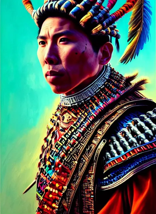 Image similar to portrait of donnie yen, hyper detailed ultra sharp aztec shaman warrior. trending on artstation, warpaint aesthetic, bloodwave, colorful, psychedelic, ornate, intricate, digital painting, concept art, smooth, sharp focus, illustration, art by artgerm and greg rutkowski and h. r. giger, 8 k