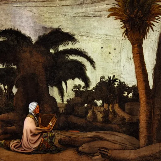 Prompt: a Druid reading an ancient scroll, sitting under a large palm tree in the desert next to a small fire, brown hooded cloak, ancient Egyptian city far away in the distance, night, dark, starry sky, oil on canvas by Michelangelo