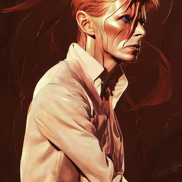 Image similar to portrait of David Bowie, fantasy, intricate, elegant, highly detailed, digital painting, artstation, concept art, smooth, sharp focus, illustration, art by artgerm and greg rutkowski and alphonse mucha