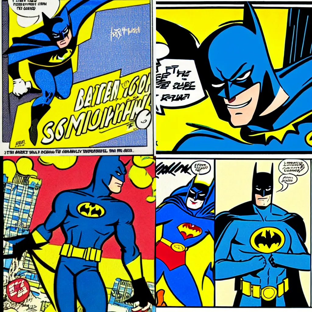 Prompt: a cartoon of batman in a blue costume, a comic book panel by lichtenstein, cg society, superflat, dc comics, ominous, high quality