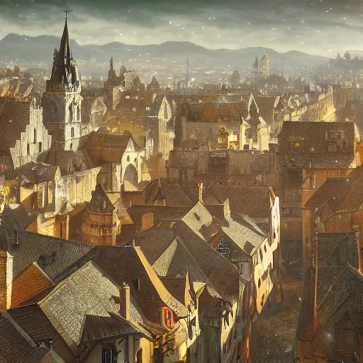 Image similar to an ultra detailed matte painting of the quaint town of galic, grid shaped city cobblestone streets, fantasy city, light snowfall, wind, inspiring gothic architecture, ultrawide lense, aerial photography, unreal engine, exquisite detail, 8 k, art by greg rutkowski and alphonse mucha