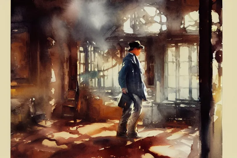 Prompt: small centered on watercolor paper, paint brush strokes, abstract watercolor painting of steam train interior, cinematic light, national romanticism by anders zorn, by hans dahl, by jesper ejsing, by greg rutkowski, by greg manchess, by tyler edlin, by craig mullins