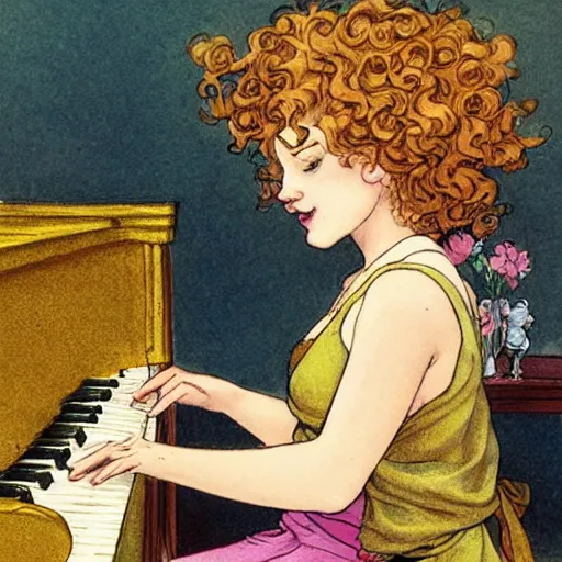 Prompt: girl with curly blonde hair sitting at a piano, art by rebecca guay