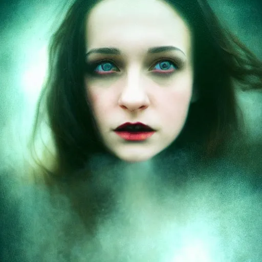 Image similar to riveting charismatic brunette female vampire, portrait, atmospheric lighting, painted, intricate, highgate cemetery, fog, cold, volumetric lighting, beautiful, blue moon light, sharp focus, deep colours, ultra detailed, by leesha hannigan, ross tran, thierry doizon, kai carpenter, ignacio fernandez rios