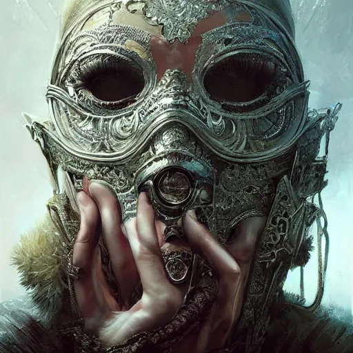 Image similar to Very very very very highly detailed epic photo of face with venetian mask, intricate, dystopian, sci-fi, extremely detailed, digital painting, artstation, concept art, smooth, sharp focus, illustration, intimidating lighting, incredible art by Greg Rutkowski and Jakub Rozalski and Artgerm and Anton Pieck