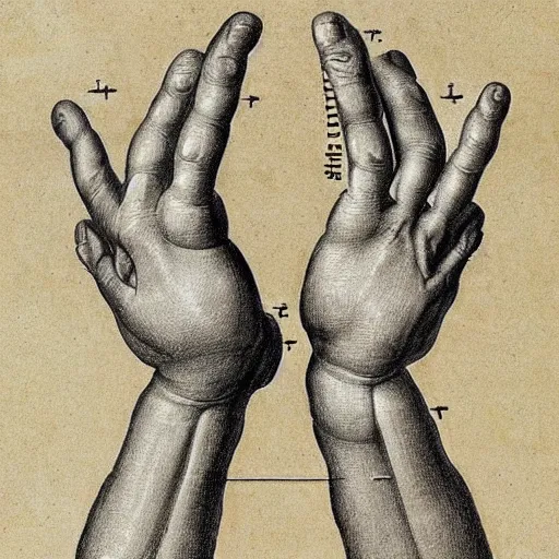 Prompt: anatomical drawing of hands, in the style of leonardo da vinci,