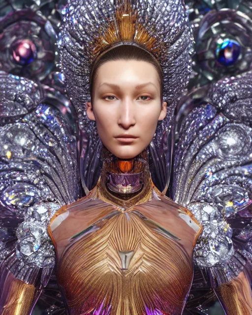 Image similar to a highly detailed metahuman 8 k close up render of bella hadid evangelion renaissance in iris van herpen dress schiaparelli in diamonds crystals swarovski and jewelry iridescent in style of alphonse mucha gustav klimt trending on artstation made in unreal engine 4