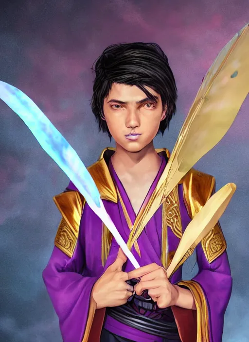 Image similar to An epic fantasy comic book style portrait painting of teenager boy with straight indigo hair, purple eyes with red eye markers, slim body, wearing a detailed Japanese kimono with golden armor details, holding a fan. Unreal 5, DAZ, hyperrealistic, octane render, cosplay, RPG portrait, dynamic lighting