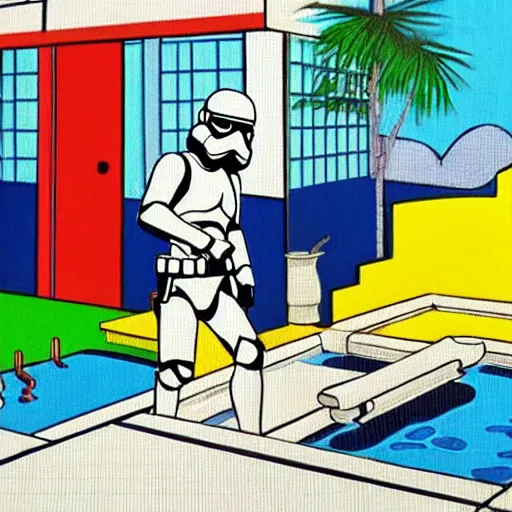 Image similar to hyperrealism composition of the japanese house with a hot springs in the garden, two detailed stormtroopers bathe in a hot spring, pop - art style, jacky tsai style, andy warhol style, roy lichtenstein style, round canvas, acrylic on canvas