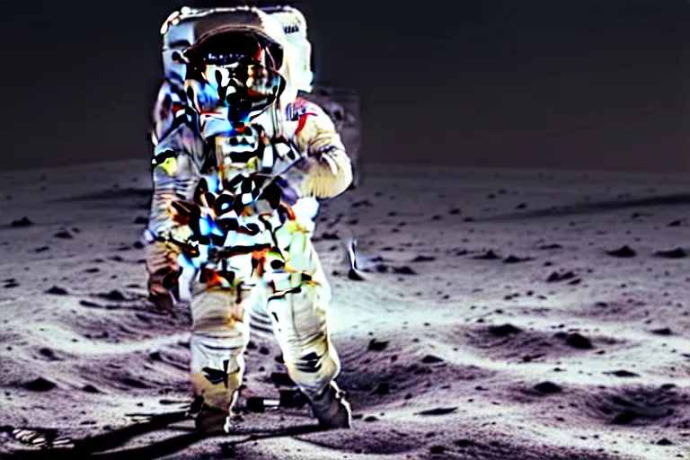 Prompt: still photo of astronaut in a space suit walking on the surface of moon, highly detailed, photorealistic portrait, bright studio setting, studio lighting, crisp quality and light reflections, unreal engine 5 quality render